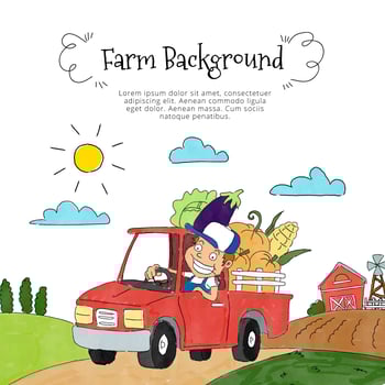 Cute Farmer Inside Pick Up With Vegetables And Farm Landscape vector