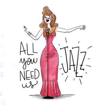Sexy Jazz Woman Singer Wearing Red Dress With Microphone vector