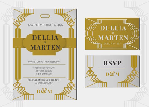 Grey Gold Art Deco Line Art Wedding Invitation Template Vector