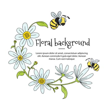 Cute Floral Frame With White Flowers And Bees  vector