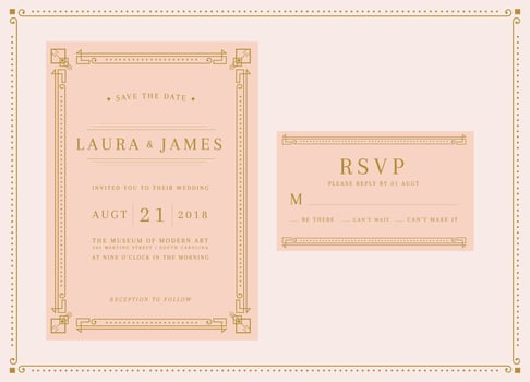 Soft Peach Art Deco Wedding Invitation Template Vector