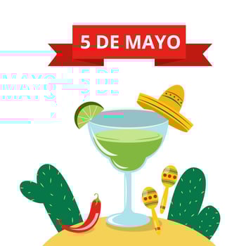 Cute Margarita Drink With Mexican Hat, Cactus, Maracas And Red Jalapeno vector