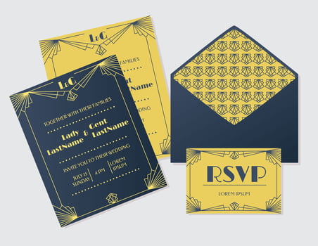 Blue Yellow Art Deco Wedding Card Vector