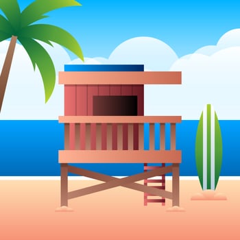 Lifeguard House On Cloudy Sunset Sky And Blue Sea In Background vector