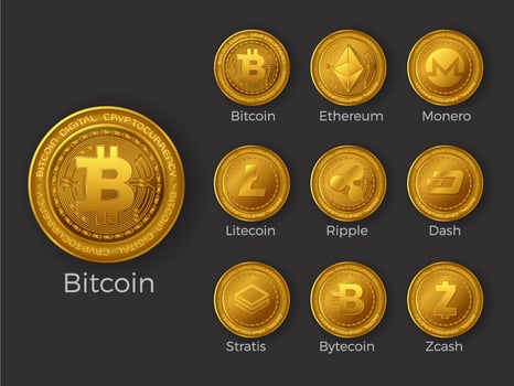 Golden cryptocurrency coin icons set vector