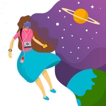 Flat Woman fall in Love with technology and her imagination background vector illustration