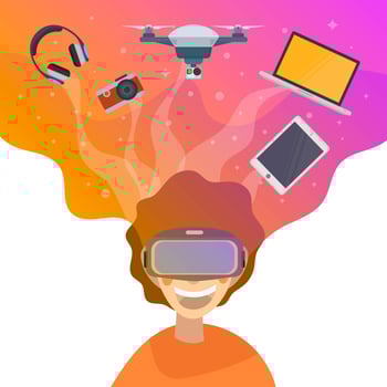 Flat Man fall in Love with technology and his imagination background vector illustration