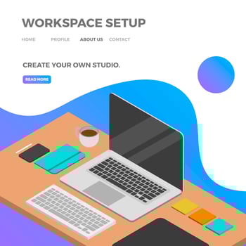 Flat Isometric Workspace Setup With Blue Gradient Background Vector Illustration