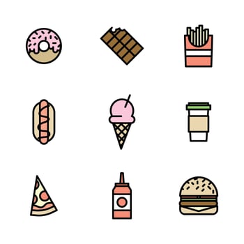 Outlined Colorful Fast Food Icons vector