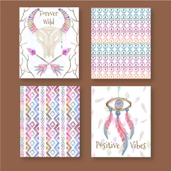 Cute Watercolor Boho Cards Set vector
