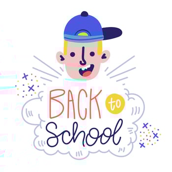 Funny Character Boy Smiling With Hat Ans Hand Lettering About School vector