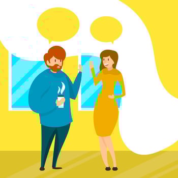 Flat People Talking In Business Team Work With Modern Office Background Vector Illustration
