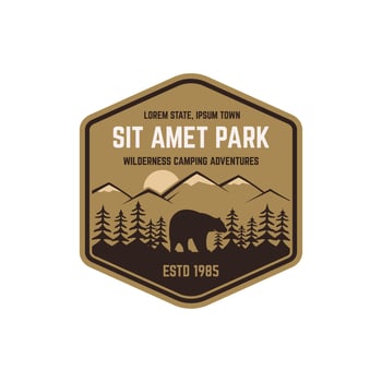 National park vintage badge. Mountain explorer label. Outdoor adventure logo design with bear. Travel and hipster insignia. Wilderness, forest camping emblem Hiking, backpack Vector design typography.