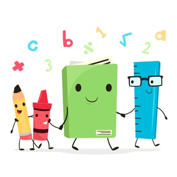 Cute Pencil, Crayon, Book And Rule School Character Walking Together vector