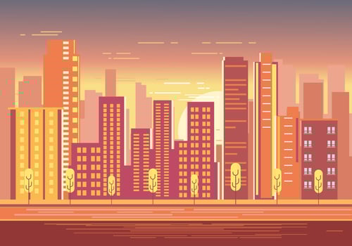 Seautiful Sunset Over Cityscape with Warm Sun Light vector