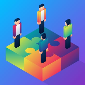 Isometric Business People Assembling Four Jigsaw Puzzles Teamwork Illustration vector