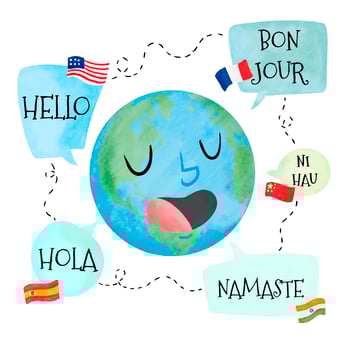 Watercolor Planet Character With Speech Bubble With Different Languages vector