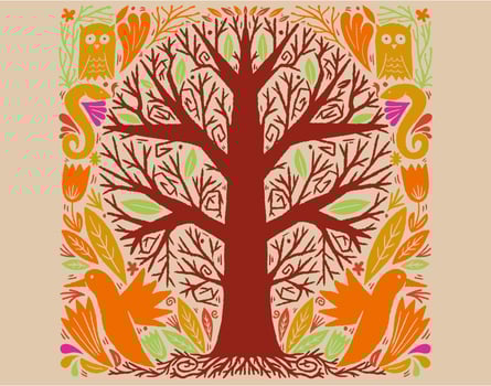 tree birds and animals vector