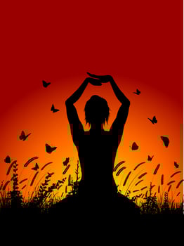 female in yoga pose against sunset sky vector
