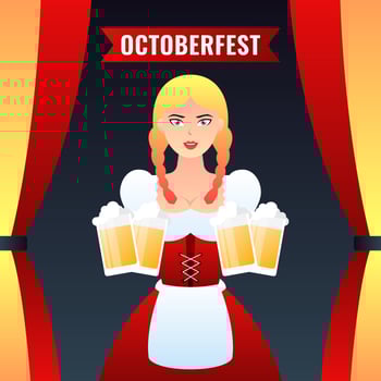 German Girl Waitress In Traditional Clothes Holding Yellow Beer Mugs Vector Colorful Illustration
