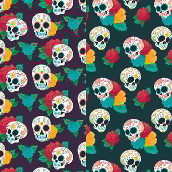 Watercolor Pattern Day Of Dead With Sugar Skull And Flowers vector