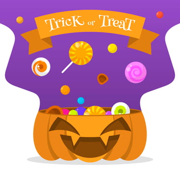 Flat Halloween Candy In Pumpkin Bucket Vector Illustration