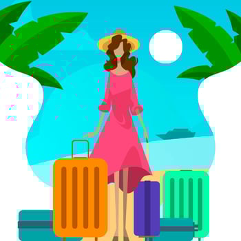 Flat Woman With Suitcase on vacation in the beach Vector Illustration