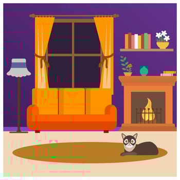 Flat Cat Sit Down in Front of Fireside Vector Illustration