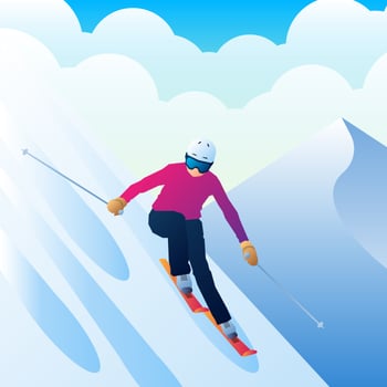 Young Sportsman Skier On Skis From A Mountain In The Background Vector Illustration
