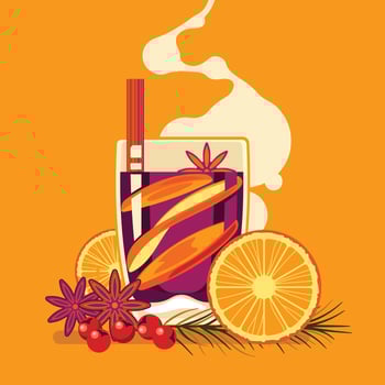 Cup of Hot wine with spices on yellow background vector