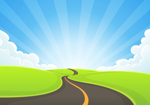 Country Road Snaking With Blue Sky And Sunbeams vector