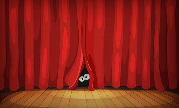 Eyes Behind Red Curtains On Wood Stage vector