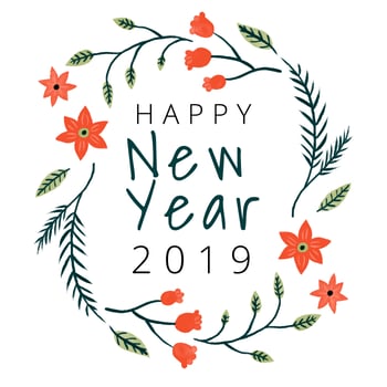 Cute Happy New Year Background With Flowers And Leaves vector