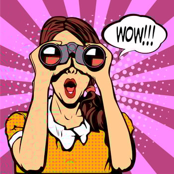 Wow pop art female face holding binoculars vector
