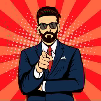 Bearded hipster businessman pointing finger pop art retro vector. Index finger. Promo people vector