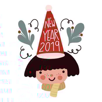 Cute Kid With Christmas Hat, Leaves And Lettering About New Year vector