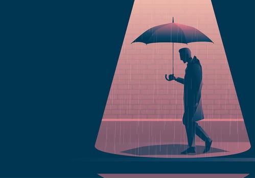 Boy Wearing Raincoat Walking With Umbrella vector