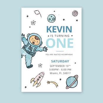 Cute Kid And Universe With Planets Birthday Card vector