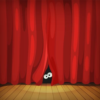 Eyes Behind Red Curtains On Wood Stage vector