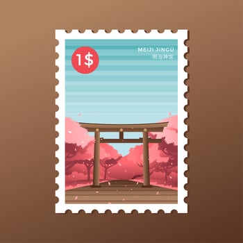 Spring Tokyo Meiji Shrine Torii Postage Stamp Vector