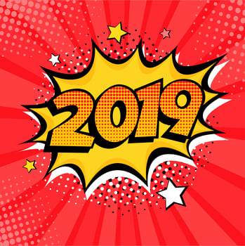 2019 New Year comic book style postcard or greeting card element. Vector illustration in pop art retro comic style.