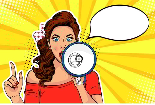 Girl with megaphone pop art retro vector illustration. Woman with loudspeaker. Female announcing discount or sale. Special offer, shopping time, protest or meeting.