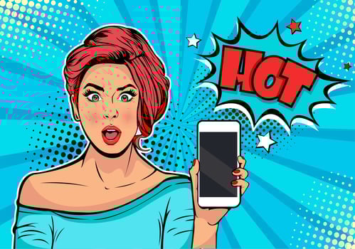 Girl with phone in the hand and discription Hot. Woman with smartphone. Digital advertisement.  Some news or sale concept. Wow, omg emotion. Cartoon comic illustration in pop art retro style. vector