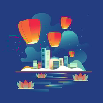 Sky Lanterns at the Moon in the Sky with Skyline Background vector