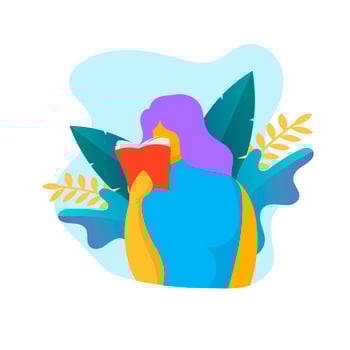 Flat Cute Bookworm Woman is Reading Book Vector Illustration