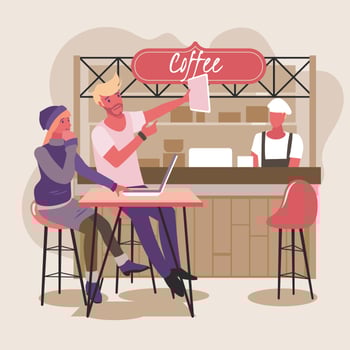 Young Couple in a Coffee Shop Using Laptop Enjoy the Social Media vector