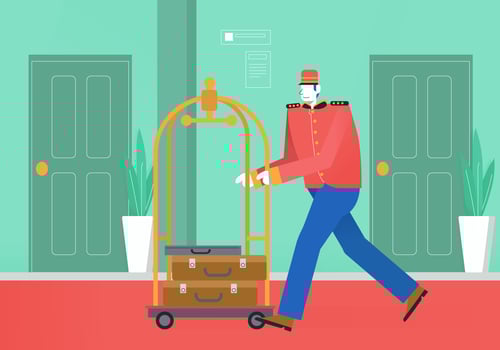 Bellboy Pushing Trolley In Hotel Lounge Vector Illustration
