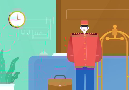 Belhop Standing In Front of  Receiptionist Vector Illustration