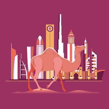 Camel on Dubai Beach with Skyline Background vector