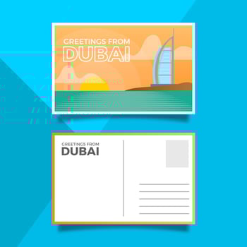 Flat Dubai Landmark Burj Al Arab Jumeirah Postcard Vector Illustration